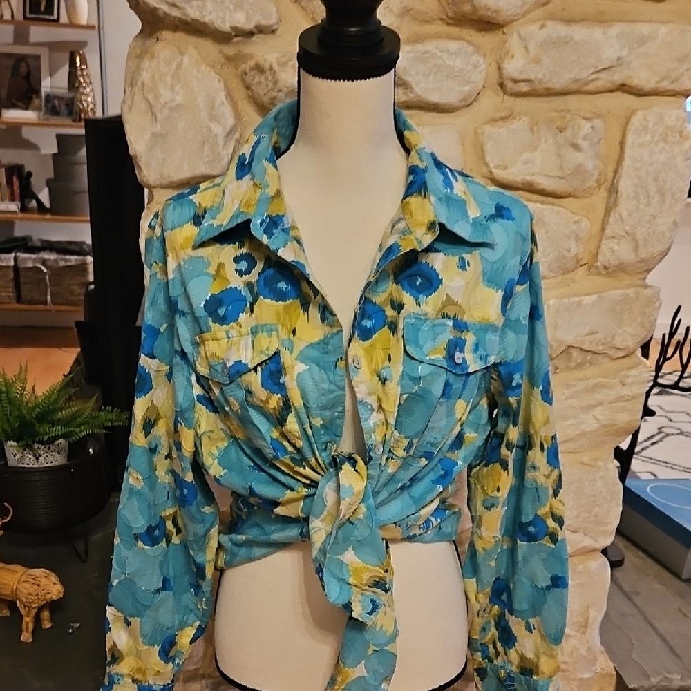 Ruby Rd. Blue and Yellow Floral Button Down Shirt